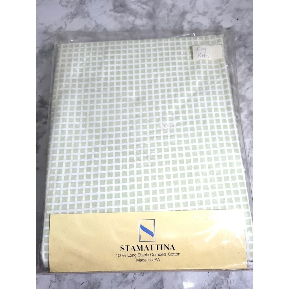 NWT Stamattina Lucia Light Green Grid King Flat Sheet & Shams Cotton Italy USA